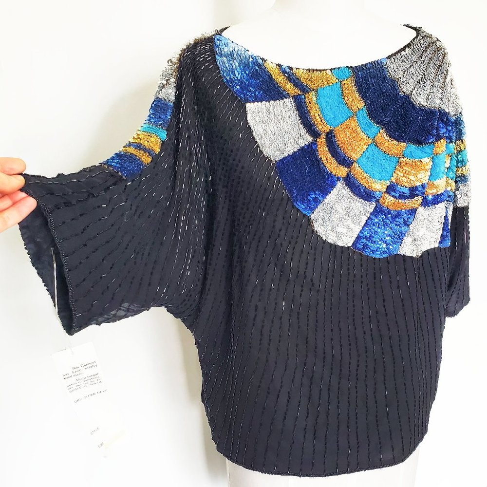 NWT VINTAGE 80S SHO MAX Womens SEQUIN  and BEADED TOP Tunic ON BLACK SILK L